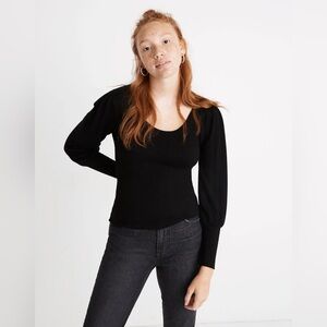 Madewell Puff-Sleeve Scoopneck Top (color “True Black”)